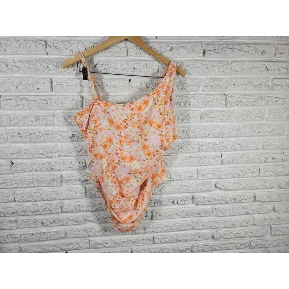 Kona Sol Womens Swimsuit 18W Plus One Piece Orange Bra Ruched FLO402E